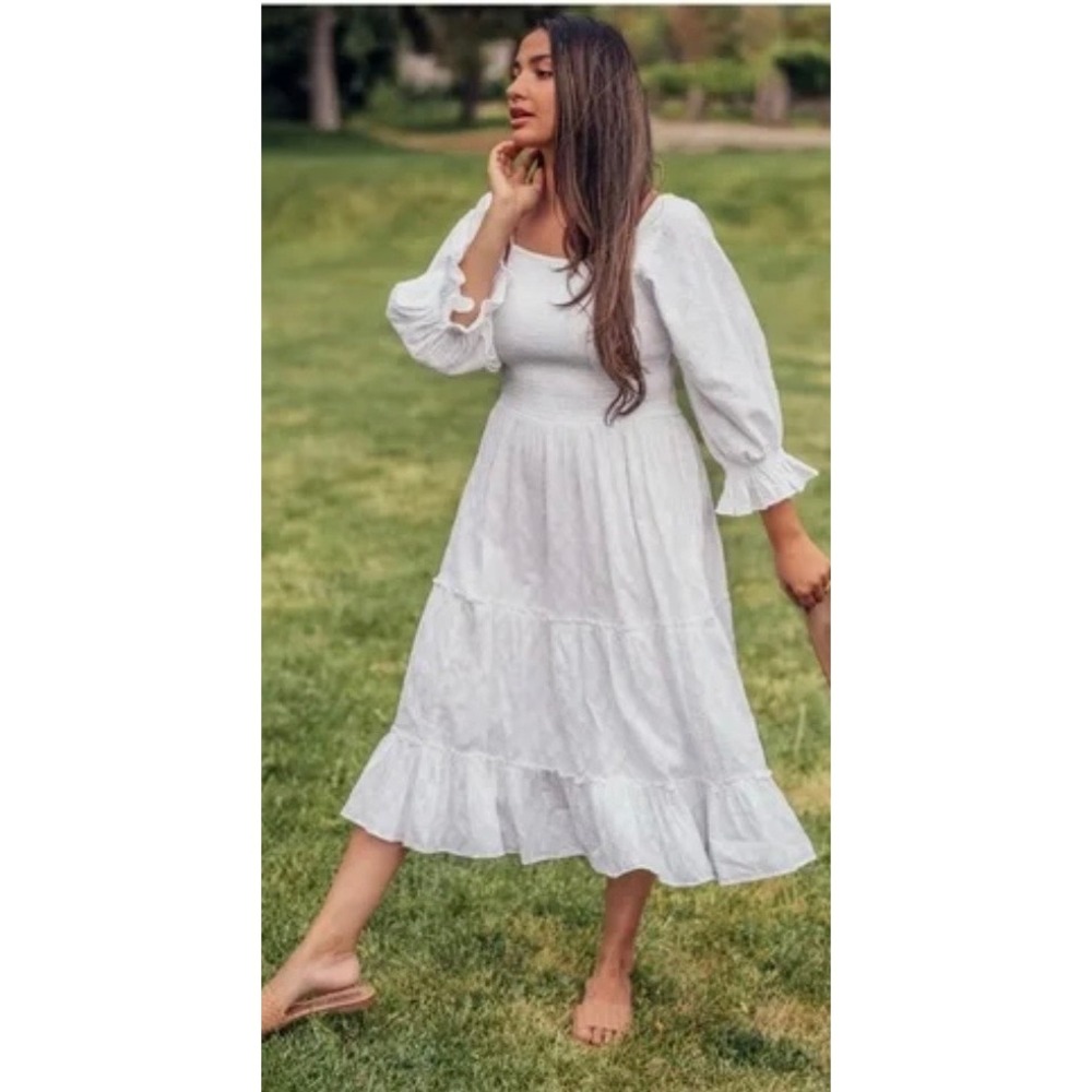 JessaKae Carefree White Cotton Midi Dress Smocked Size Medium